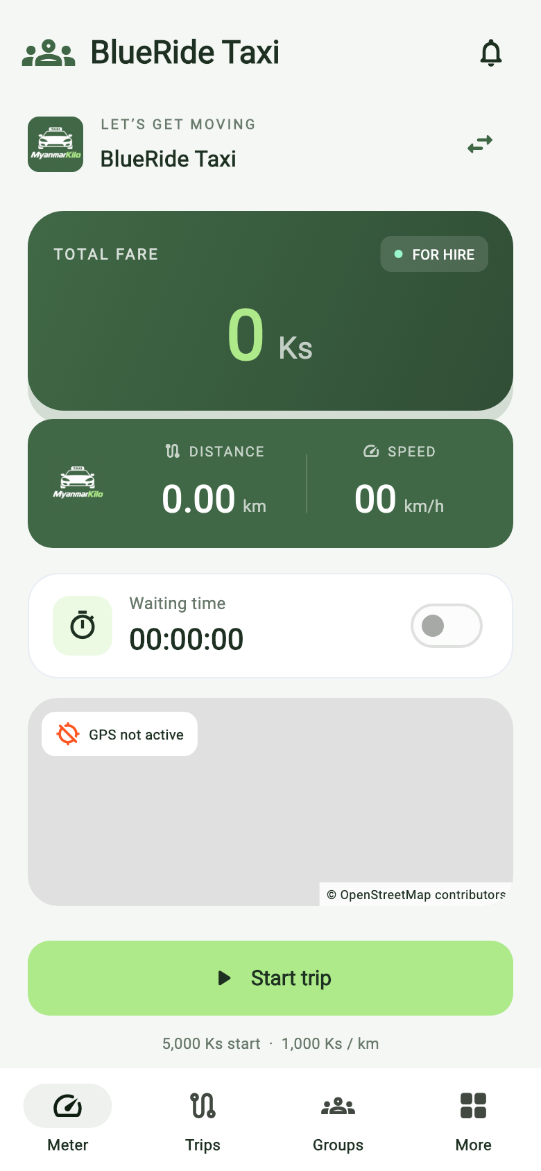 MyanmarKilo home screen preview, with trip fare, distance, waiting time, map and trip controls